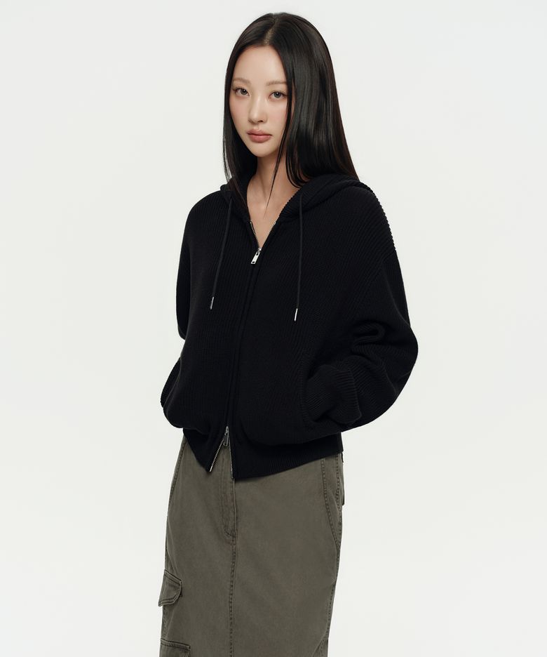 우먼즈 리브드 니트 후디드 집업 [블랙]