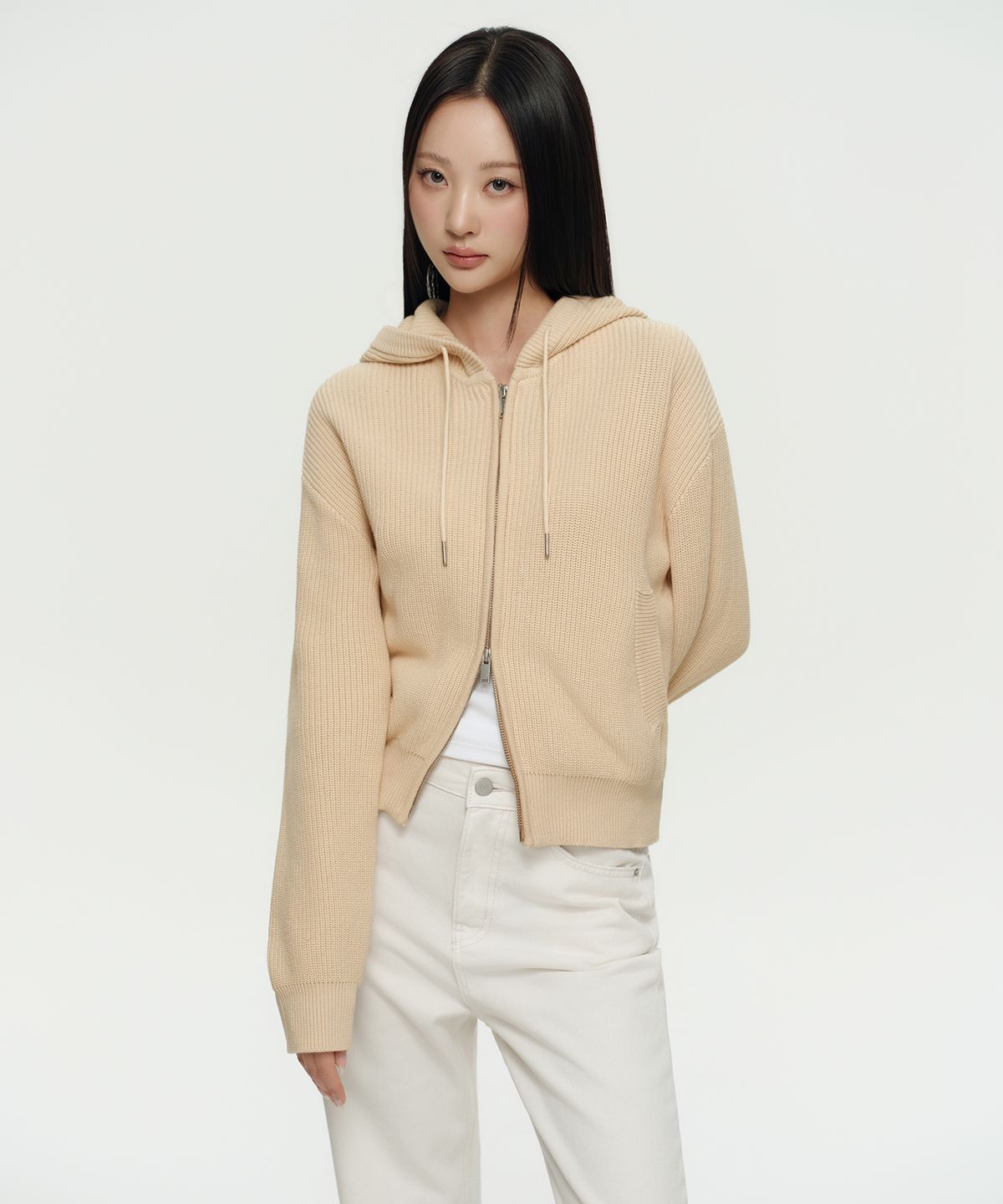 무신사 스탠다드 우먼(MUSINSA STANDARD WOMAN) 우먼즈 리브드 니트 후디드 집업 [크림 베이지]