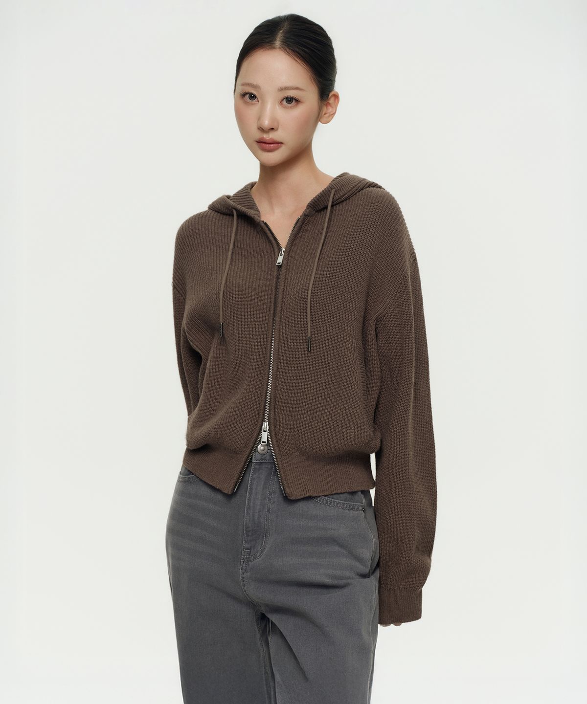무신사 스탠다드 우먼(MUSINSA STANDARD WOMAN) 우먼즈 리브드 니트 후디드 집업 [헤더 브라운]