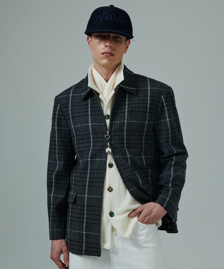 [COLLECTION LINE] 빈티지 디테일 울 체크 라이딩 자켓 그레이