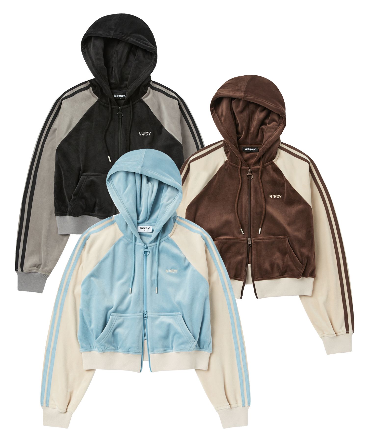 MUSINSA | NERDY Women's Velour Hoodie Track Top (Black/Sky