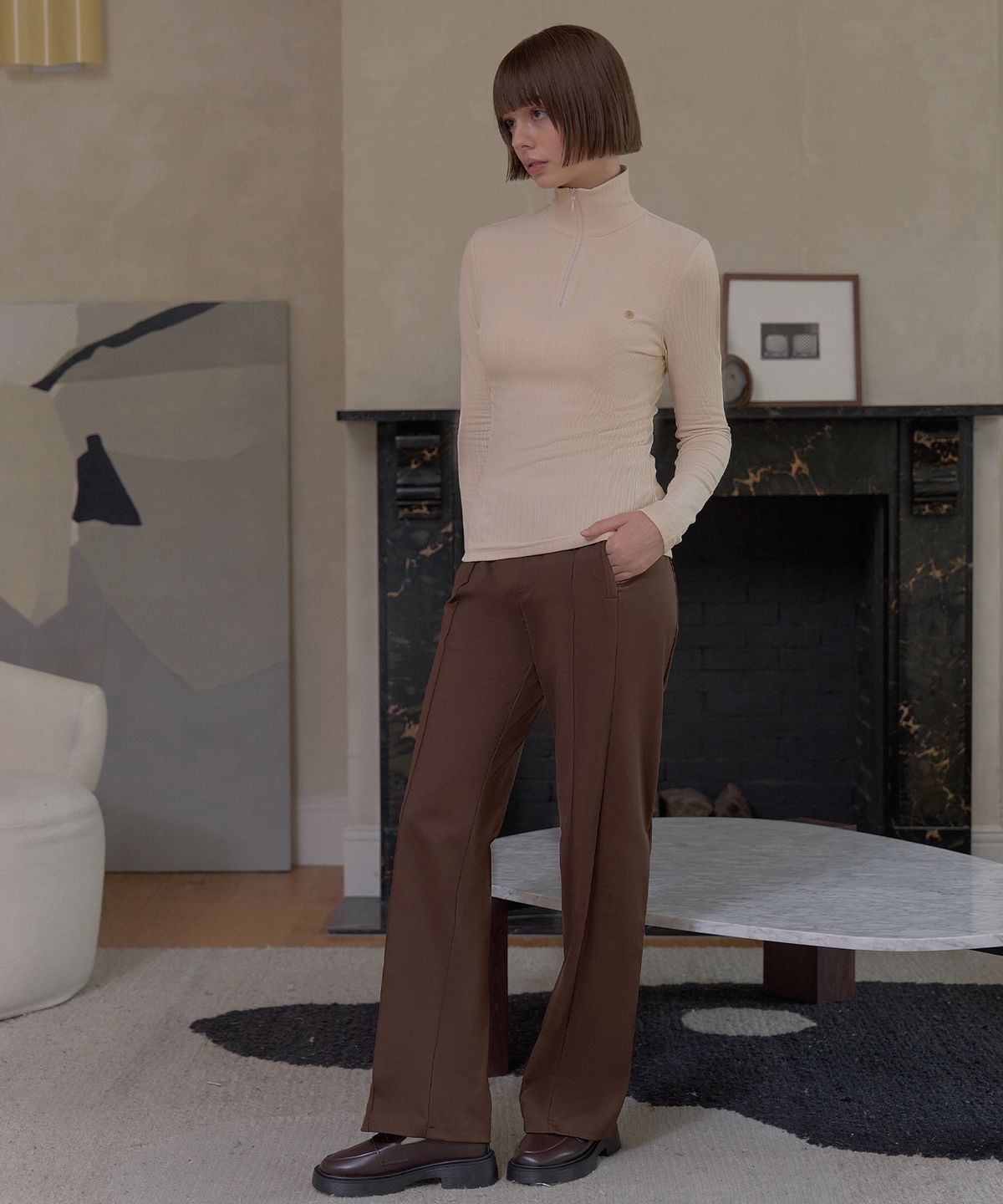플레이부(PLAYBOO) EASY HALF ELASITC WAISTBAND PANTS_Mocha