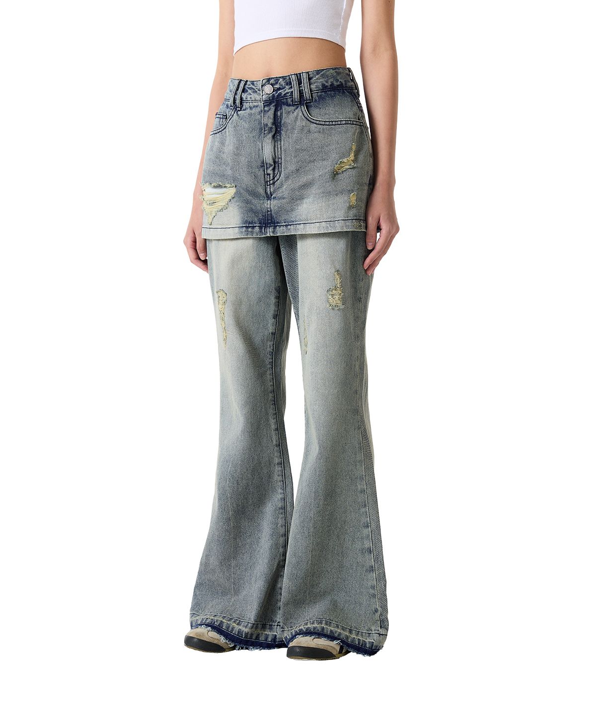 │Odd Studio│ Damaged layered skirt denim pants BLUE OO4FFD MUSINSA | ODDSTUDIO Damaged Layered Skirt Denim Pants - BLUE