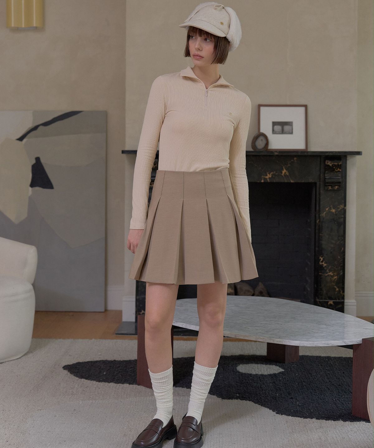 플레이부(PLAYBOO) WOOL-LIKE PLEATED SKIRT W/INNER PANTS_Beige