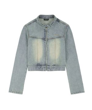 샌드 워싱 바이커 데님 크롭 자켓 - LIGHT BLUE