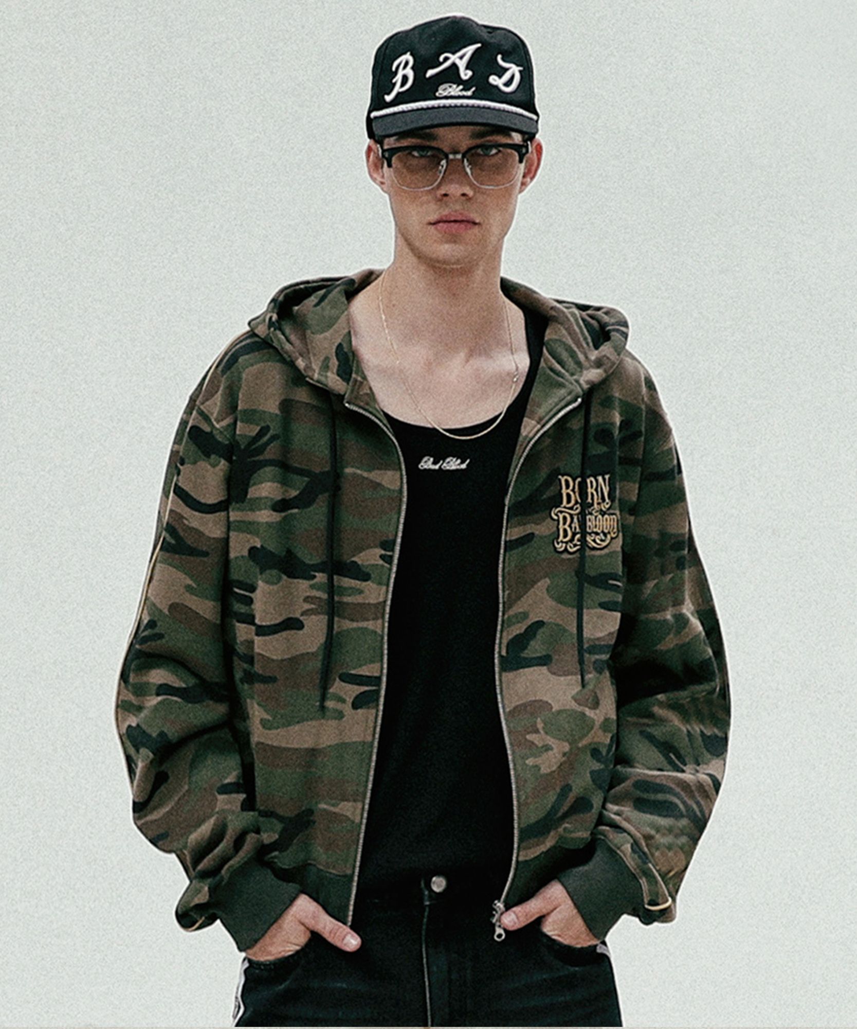 MUSINSA | BADBLOOD Camo Hood Zip-Up - Military