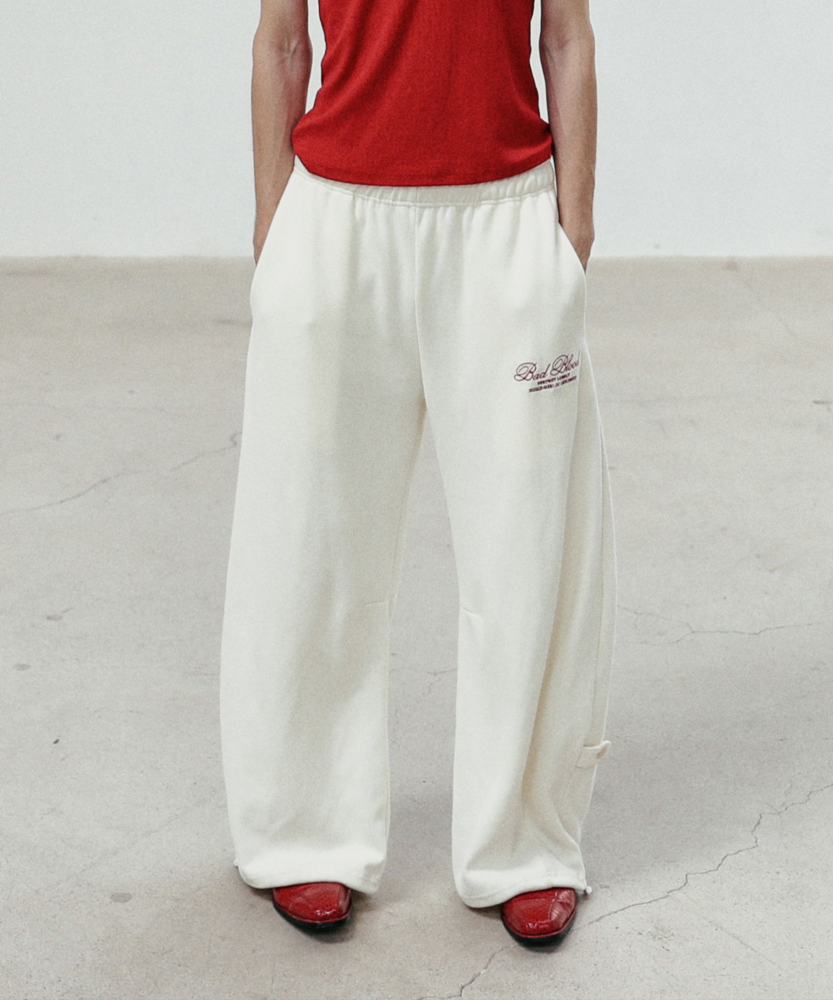 ◎BADBLOOD◎ Emboss logo jogger trousers brushed cream w-pts Badblood Embossed logo jogger trousers brushed Cream – BBGSHOPHK