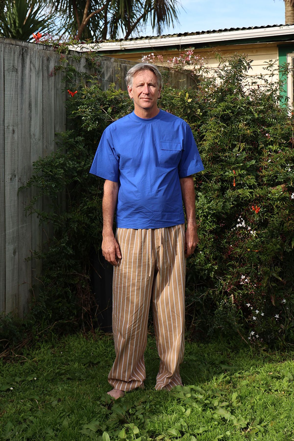 퍼즈플리즈(PAUSE PLEASE) 100% Cotton Pajamas for Unisex (Blue/Striped-Beige)