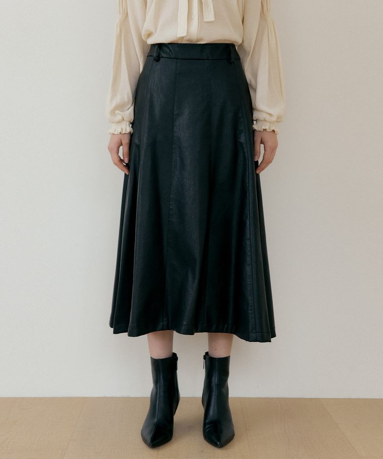 LEATHER LONG SKIRT - Black