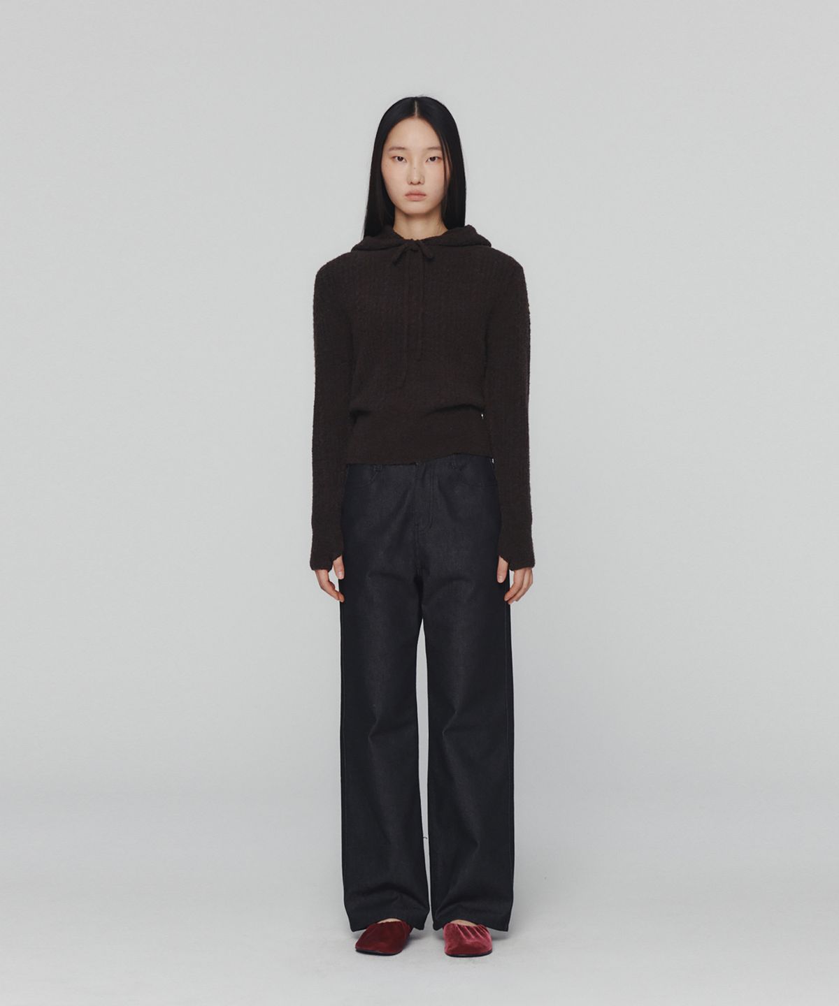 아모멘토(AMOMENTO) BOUCLE HOODED KNIT_DARK BROWN