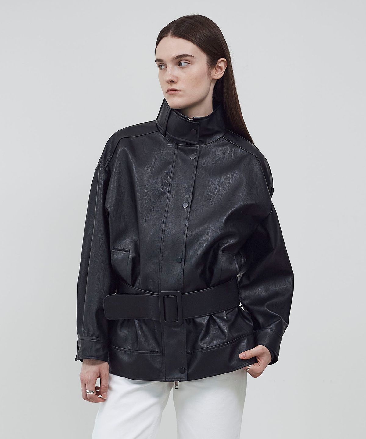 씨커슨(CKUSUN) BELTED HIGH NECK LEATHER JUMPER - BLACK