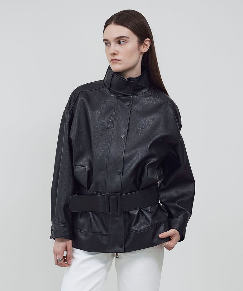 BELTED HIGH NECK LEATHER JUMPER - BLACK