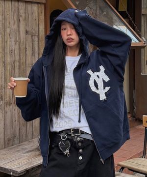 LOGO PATCH HOODIE ZIP UP - NAVY