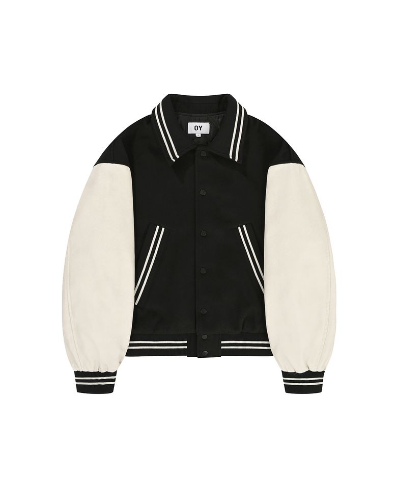 ZIGZAG EMBROIDERY VARSITY JACKET - BLACK
