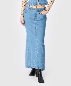 (W) 문 레이저 데님 롱 스커트 라이트 블루 MOON LASER DENIM LONG SKIRT LIGHT BLUE