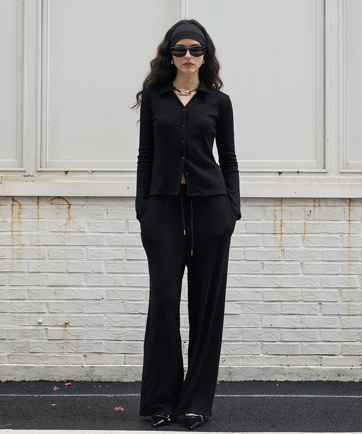 320쇼룸(320SHOWROOM) Ribbed Banding Wide-Leg Pants Black
