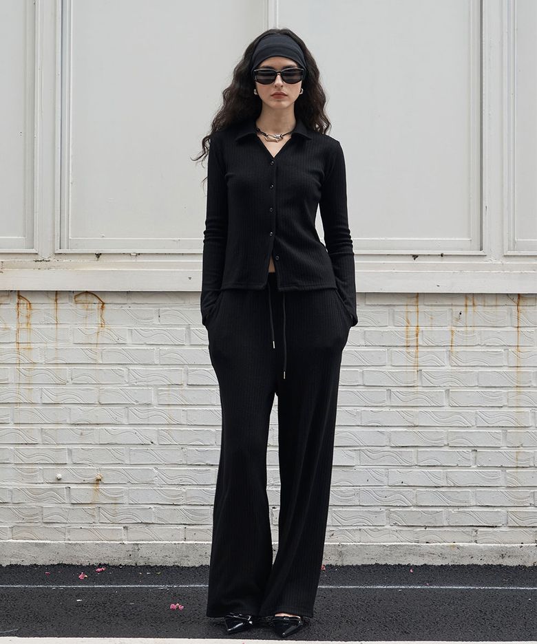 Ribbed Banding Wide-Leg Pants Black