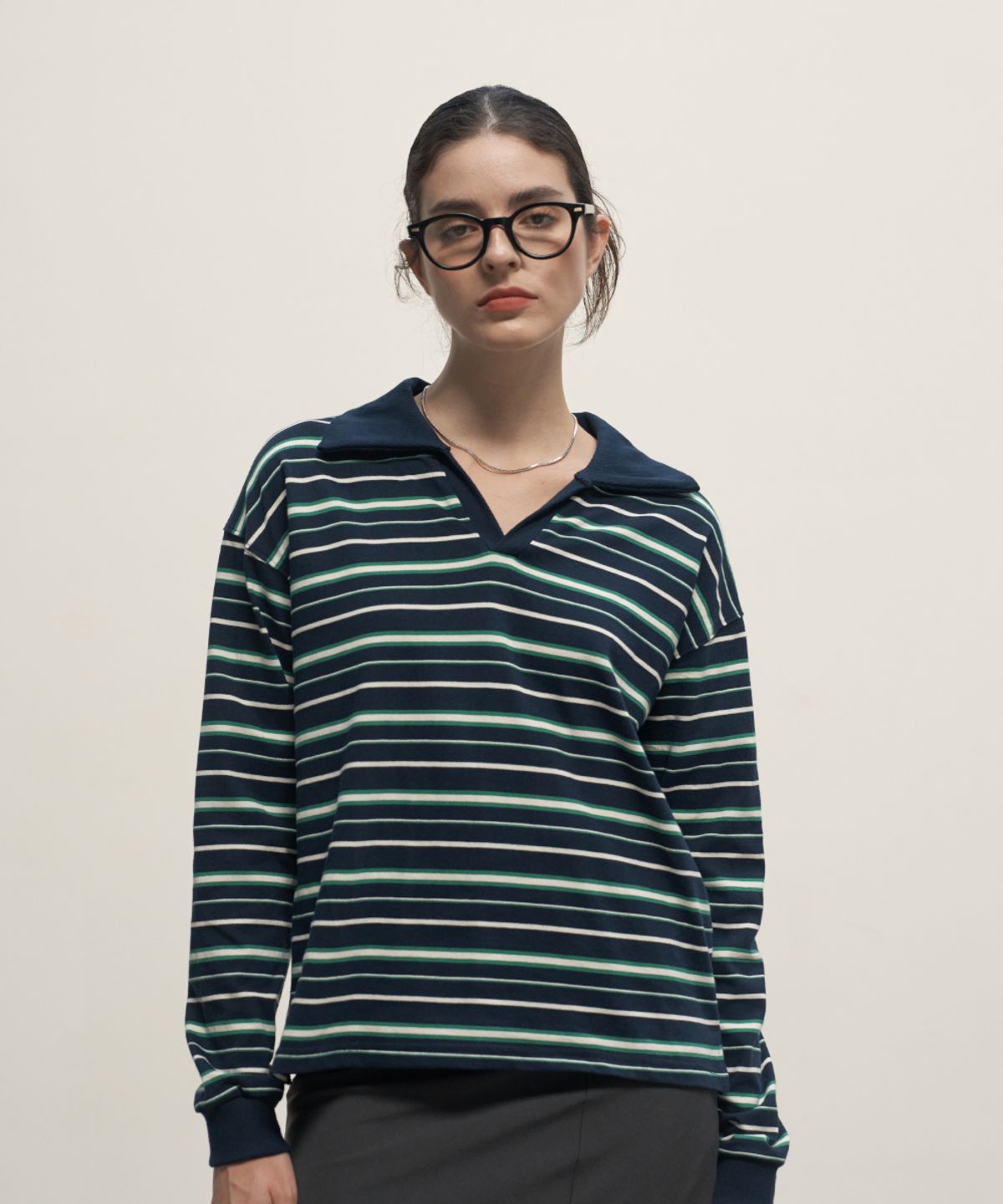 320쇼룸(320SHOWROOM) Stripe Open collar Rugby Shirt Navy