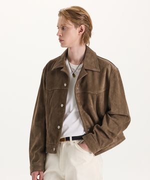 [패션튜브삭형PICK] [리얼 레더] 카우 스웨이드 트러커 자켓 (애쉬브라운)