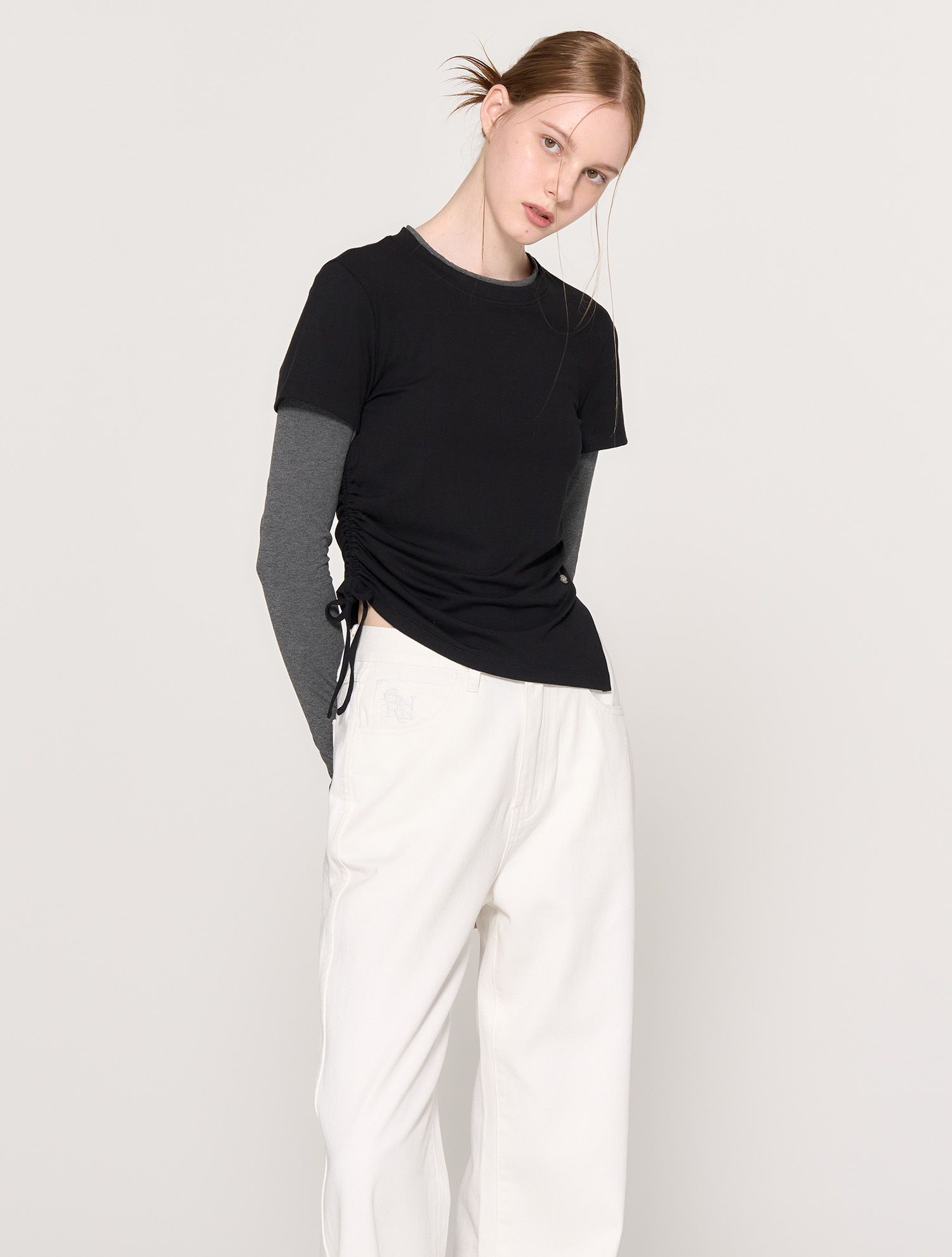 ★GENERAL IDEA★ Shirring Half Layered T-Shirt BLACK WBD3L01 MUSINSA | GENERAL IDEA Shirring Half Layered T-shirt [BLACK