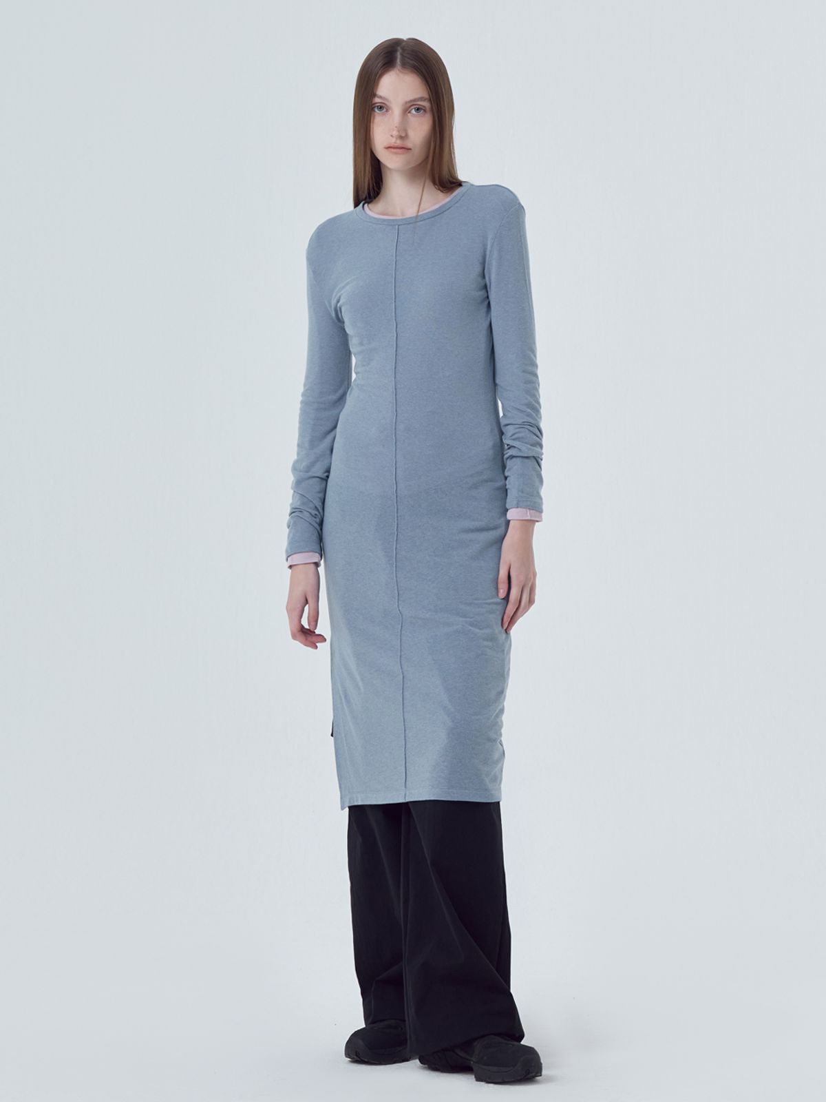 에트몽(ETMON) Pintuck Slit Jersey Dress, Ash Blue
