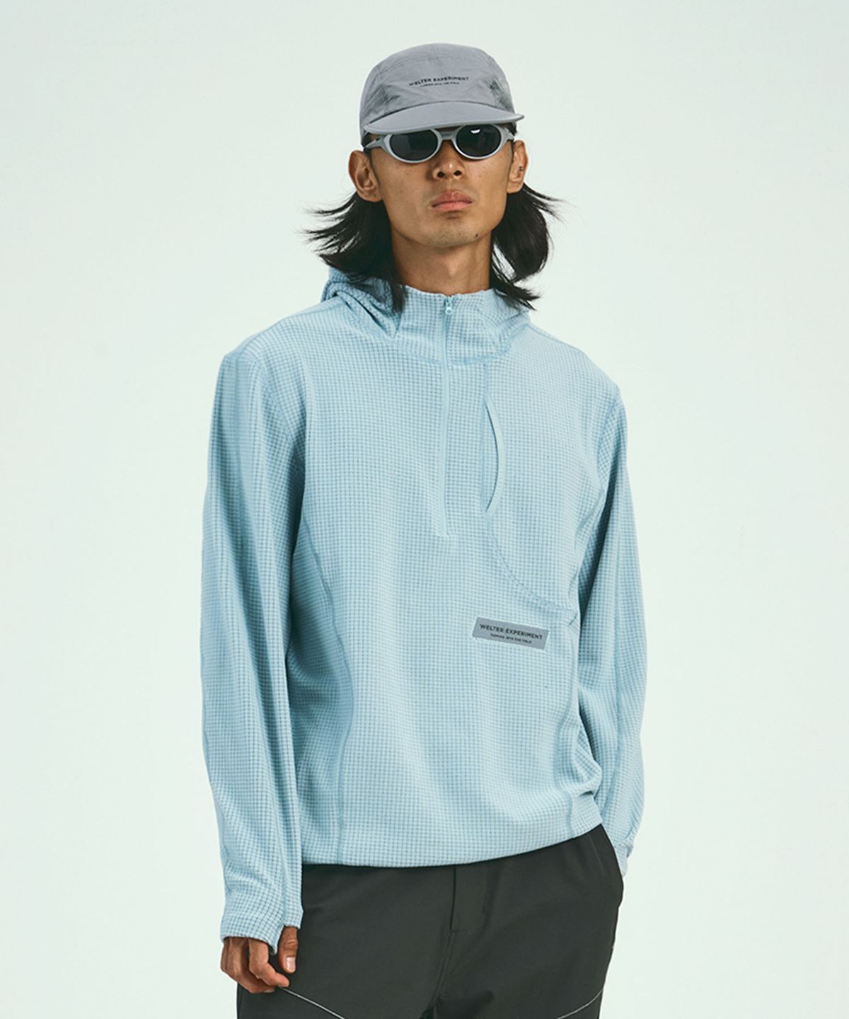 웰터 익스페리먼트(WELTER EXPERIMENT) SQUARE FLEECE HOOD PULLOVER_BLUE_WLT034