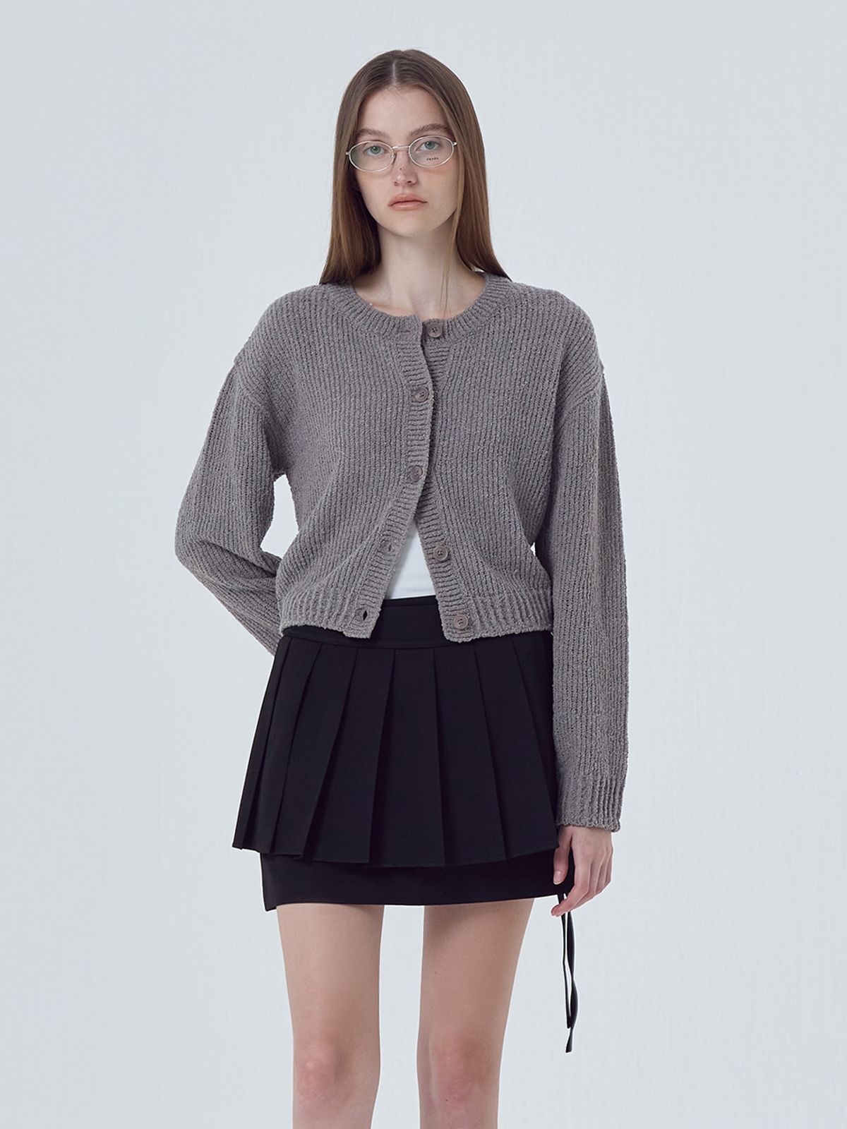 에트몽(ETMON) Round Boucle Knit Cardigan, Ash Grey