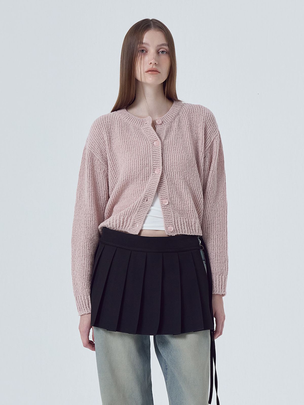 에트몽(ETMON) Round Boucle Knit Cardigan, Light Pink