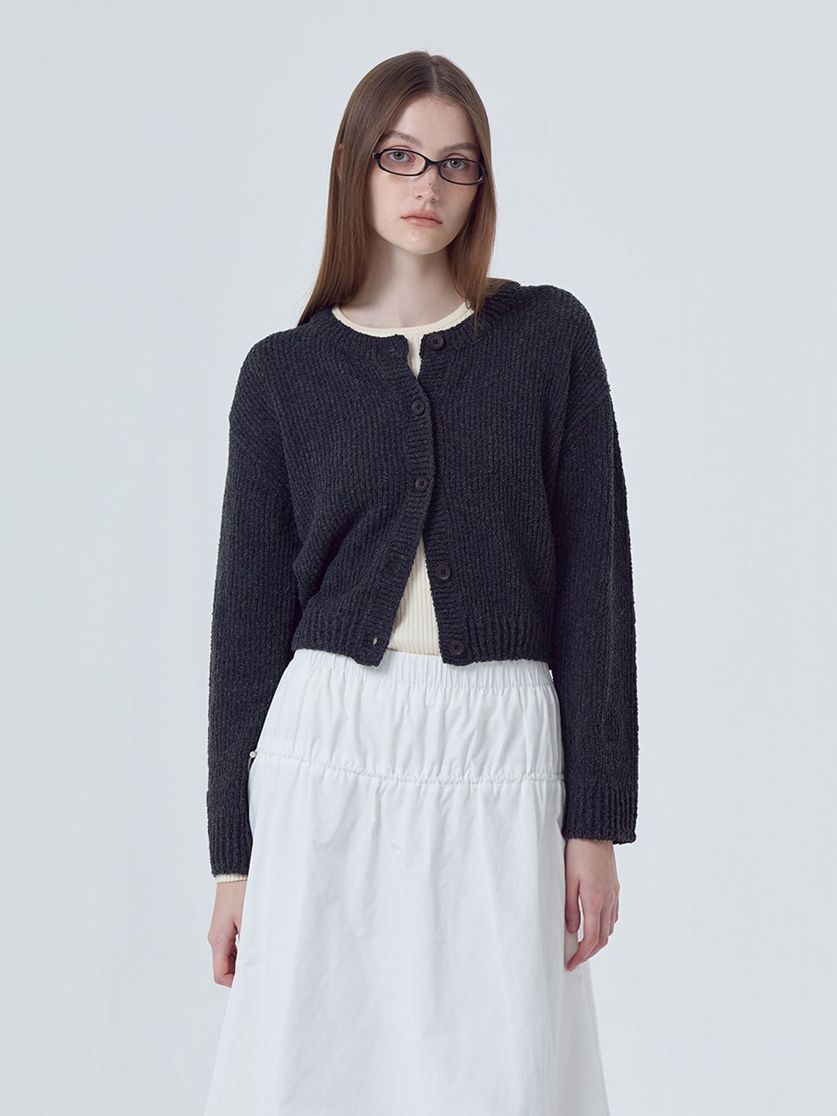 에트몽(ETMON) Round Boucle Knit Cardigan, Charcoal