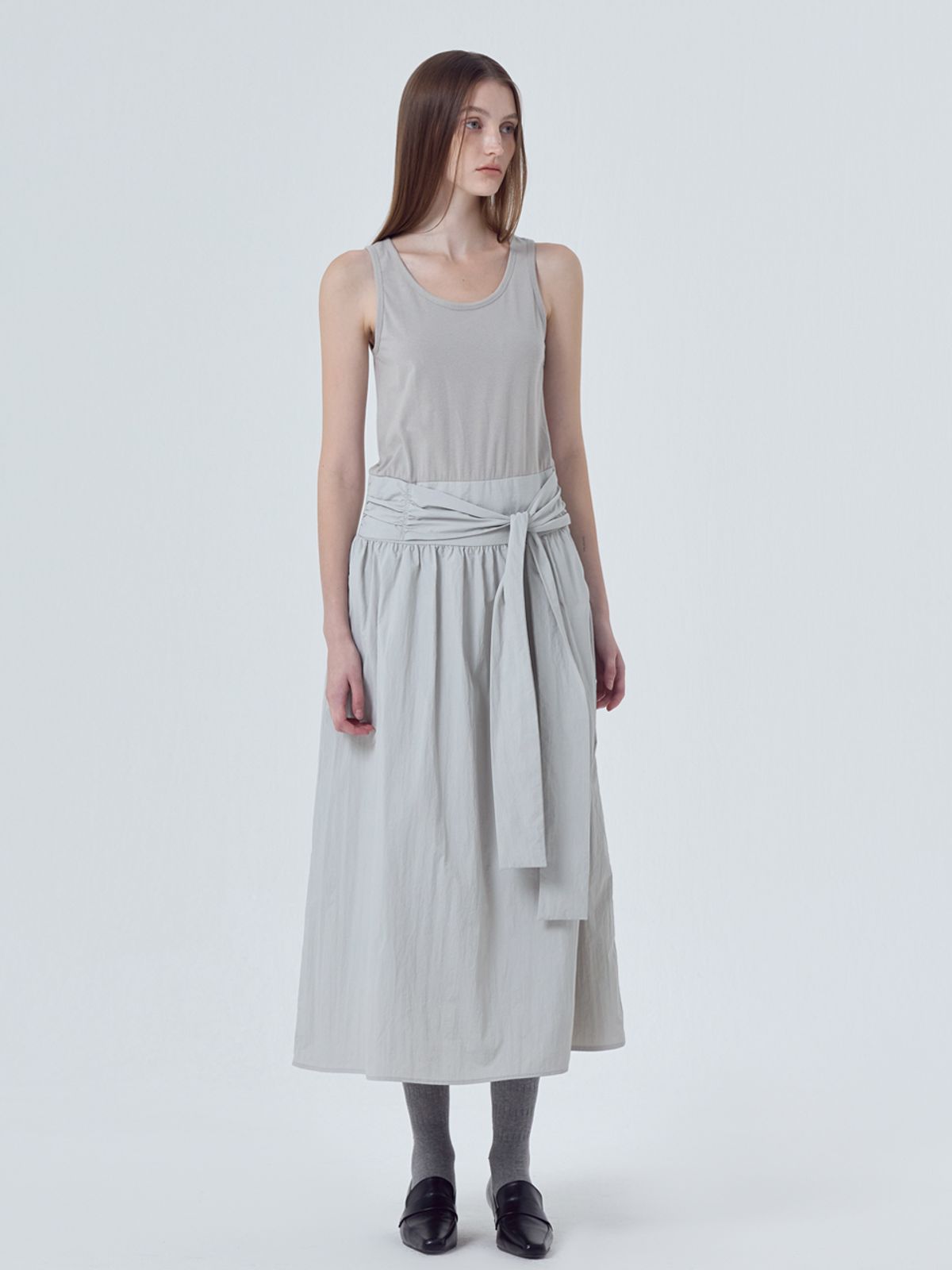 에트몽(ETMON) Mixed Fabric Knot Dress, Light Grey