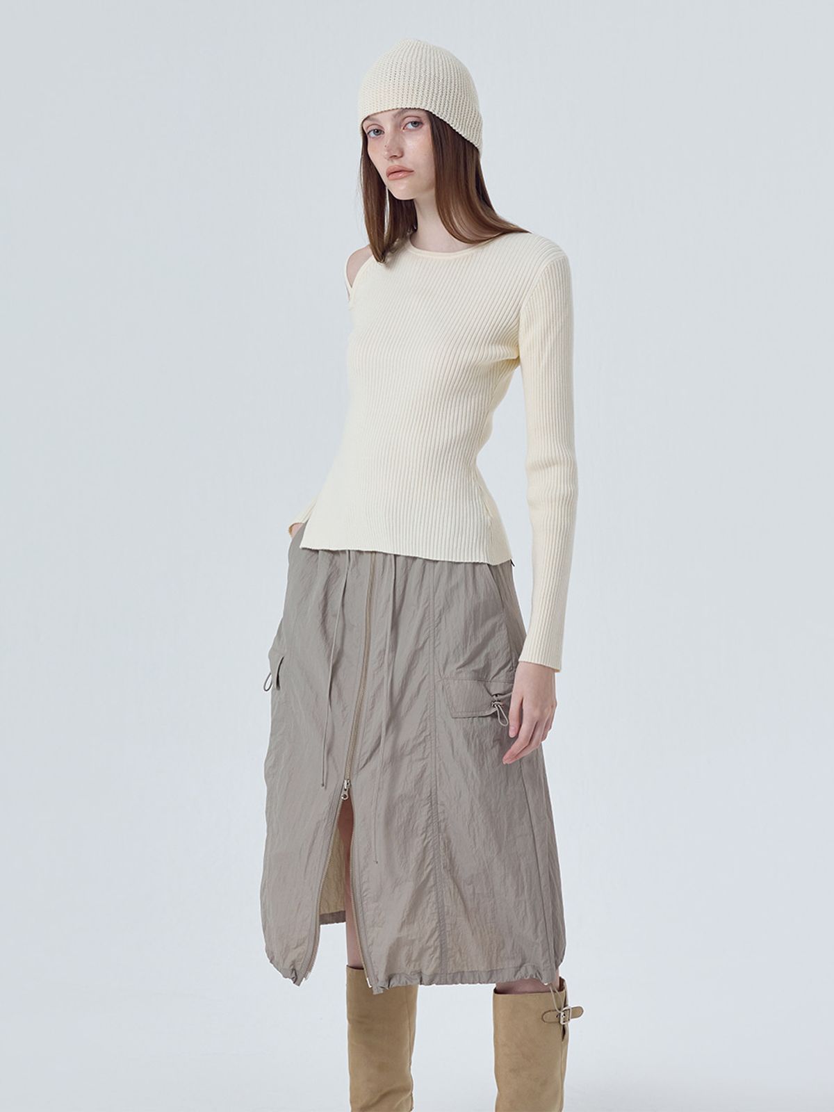 에트몽(ETMON) Nylon Zipper Skirt, Ash Khaki