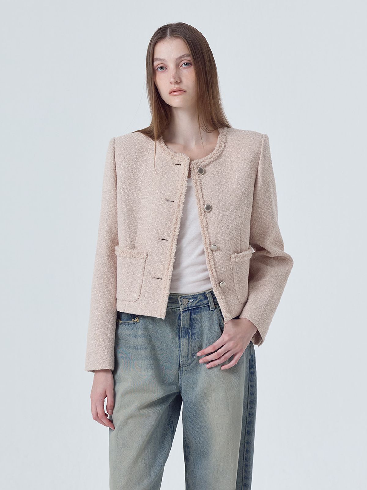 에트몽(ETMON) Boucle Trimmed Tweed Jacket, Beige