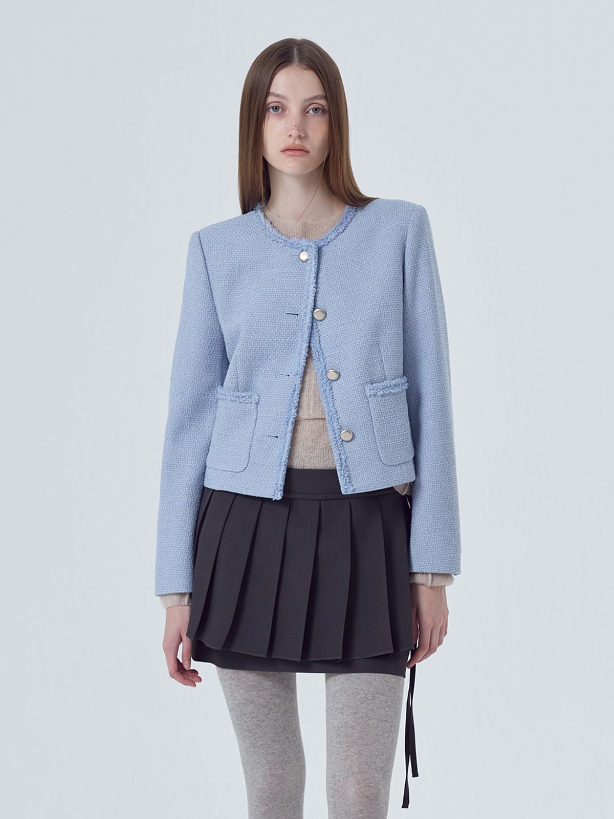 에트몽(ETMON) Boucle Trimmed Tweed Jacket, Sky Blue