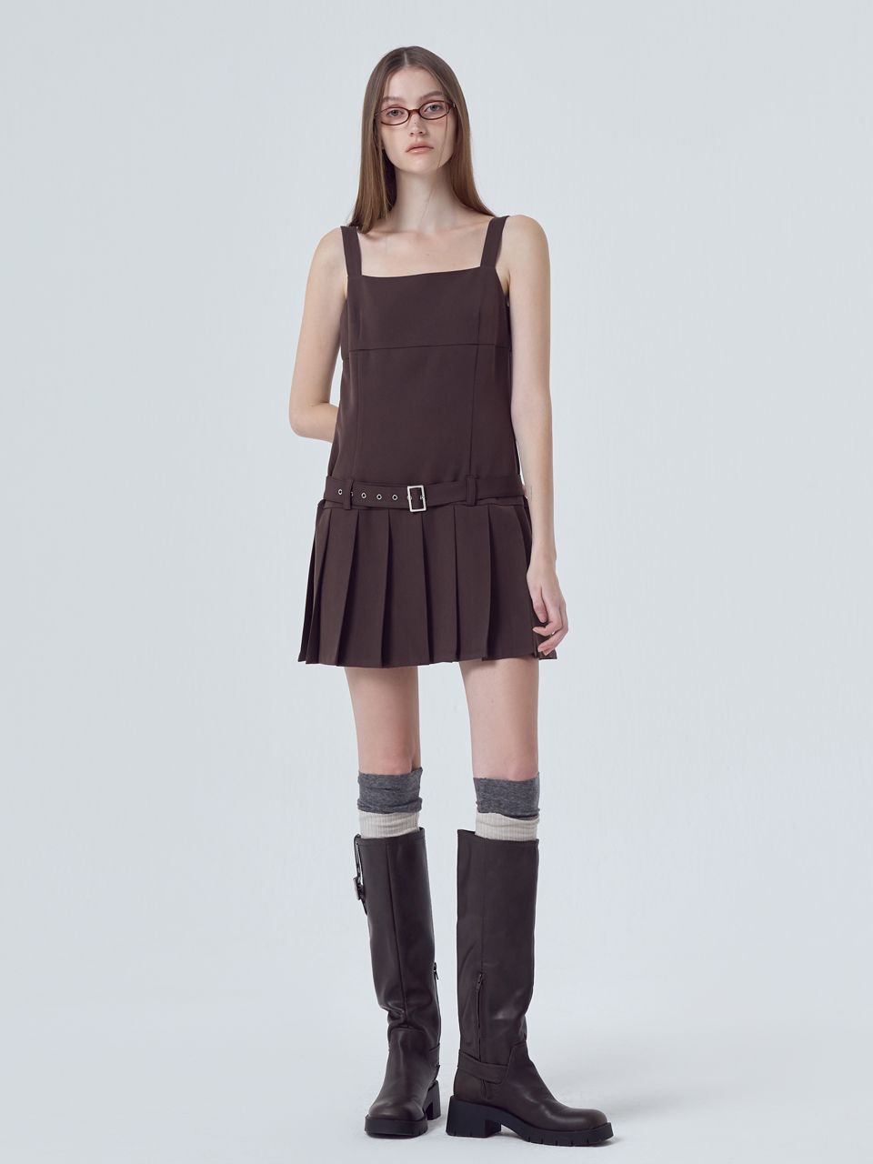 ワンピース ETMON Low Pleats Belt Mini Dress, Brown s-l400.jpg