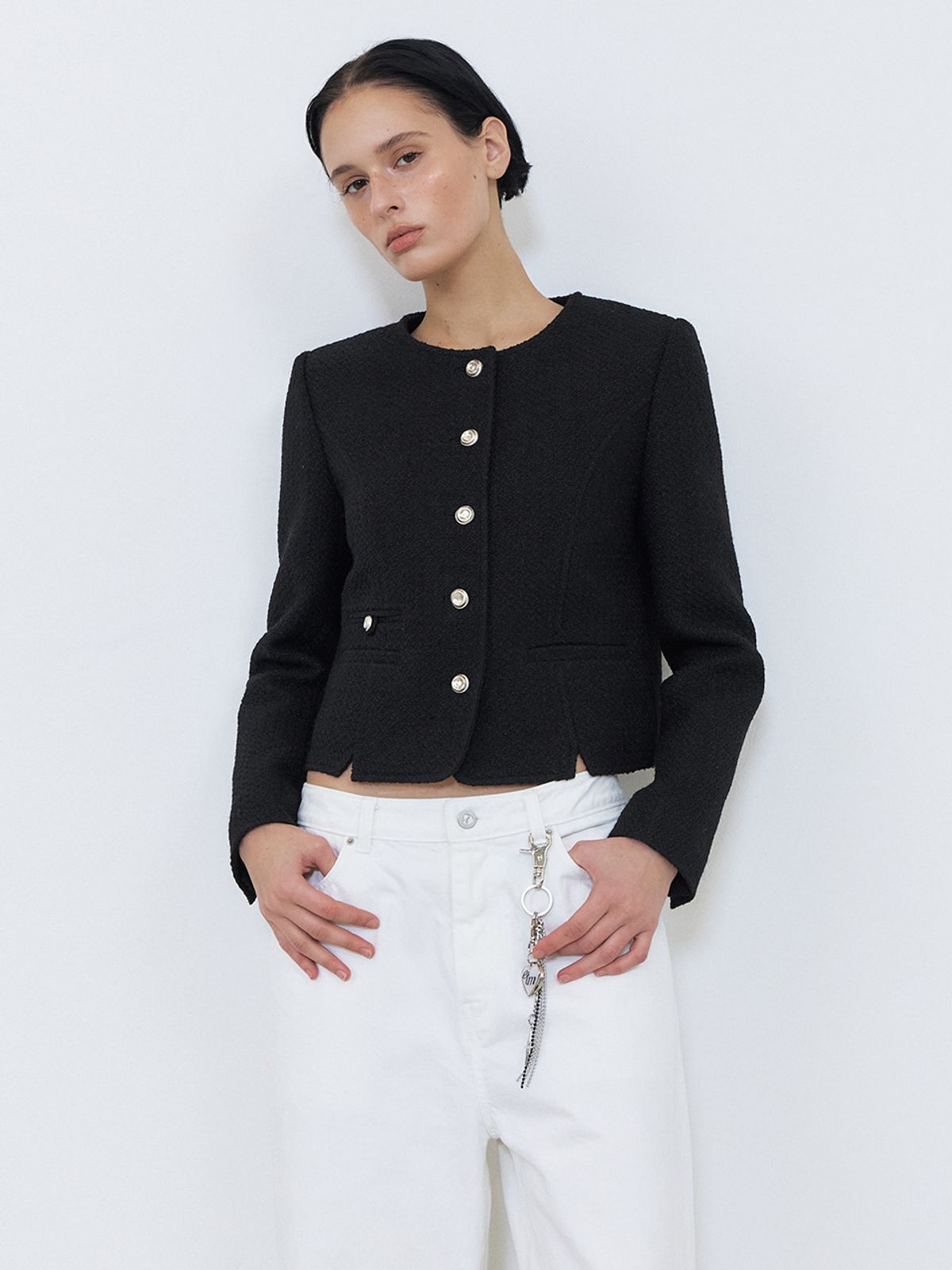 에트몽(ETMON) Slit Stitch Tweed Jacket, Black