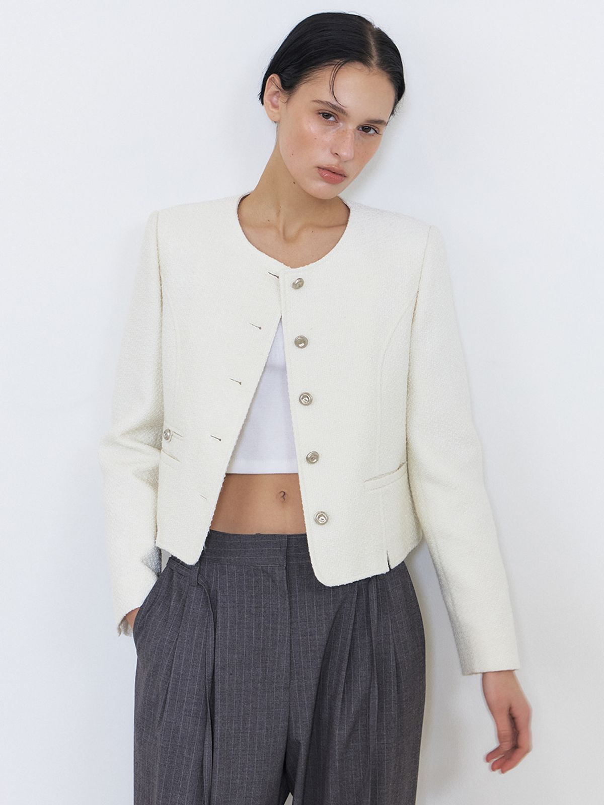 에트몽(ETMON) Slit Stitch Tweed Jacket, Ivory