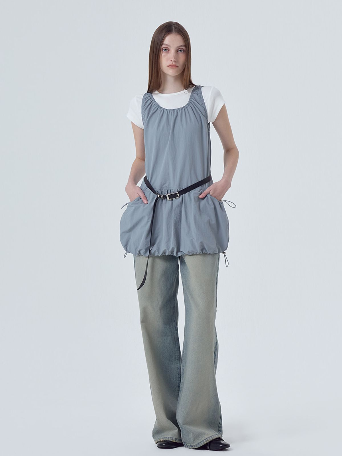 에트몽(ETMON) Balloon Shirring Mini Dress, Ash Blue