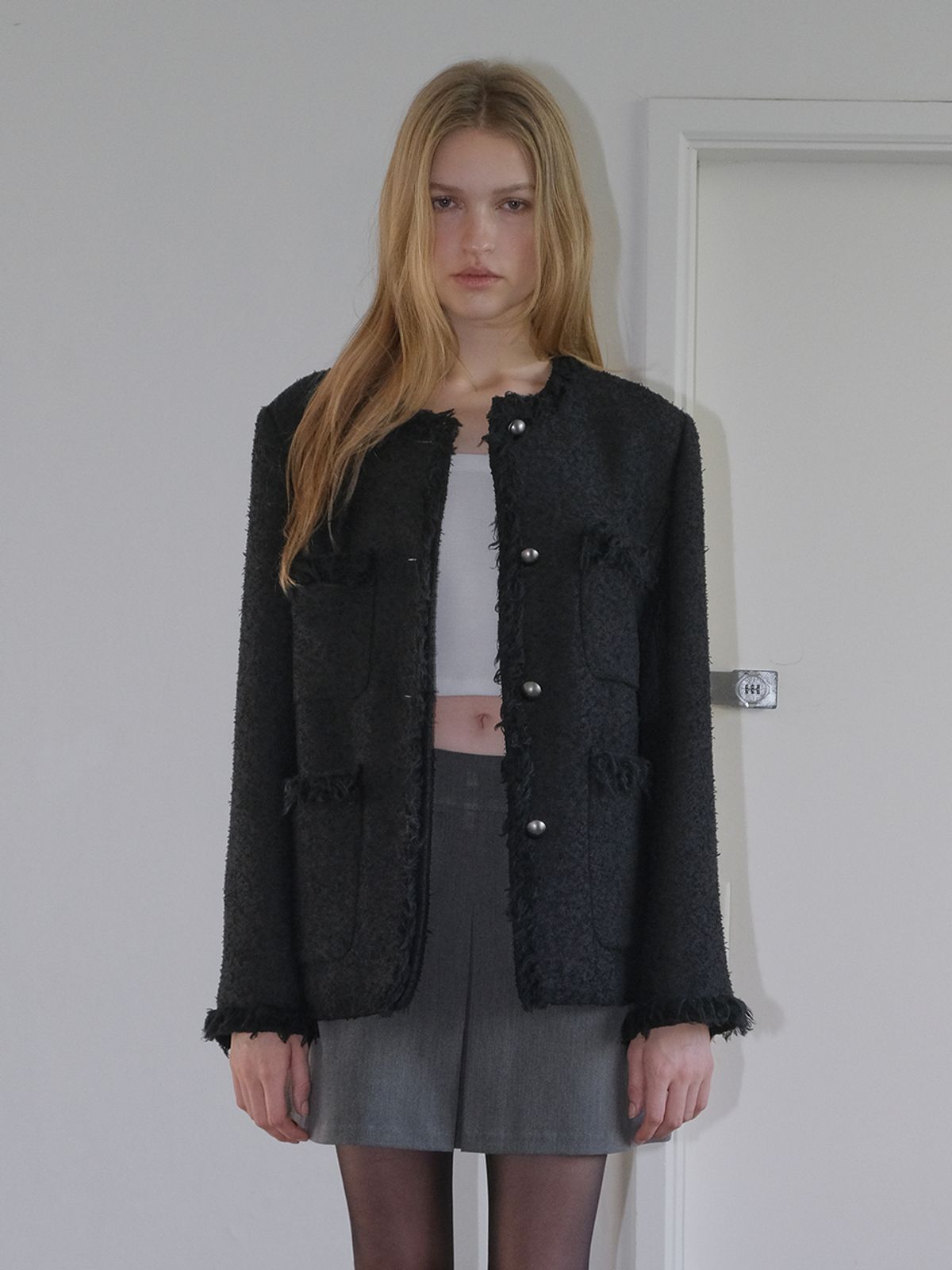 에트몽(ETMON) Fringe Pocket Tweed Jacket, Black