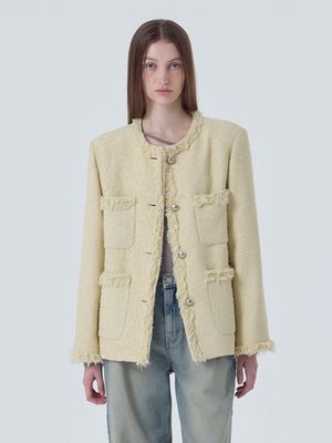 Fringe Pocket Tweed Jacket, Cream Yellow