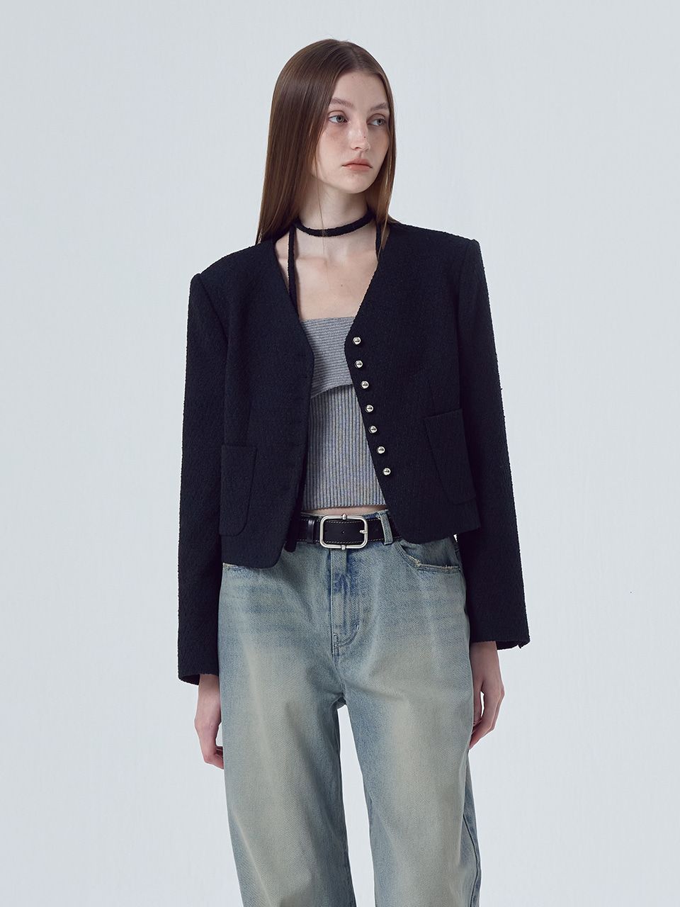 ジャケット ETMON VNeck Strap Tweed Jacket, Black MUSINSA | ETMON V-Neck Strap Tweed Jacket, Black