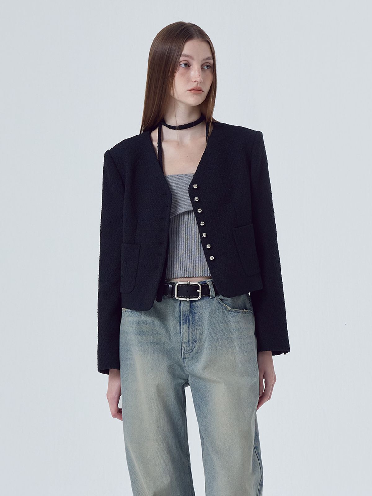 에트몽(ETMON) V-Neck Strap Tweed Jacket, Black