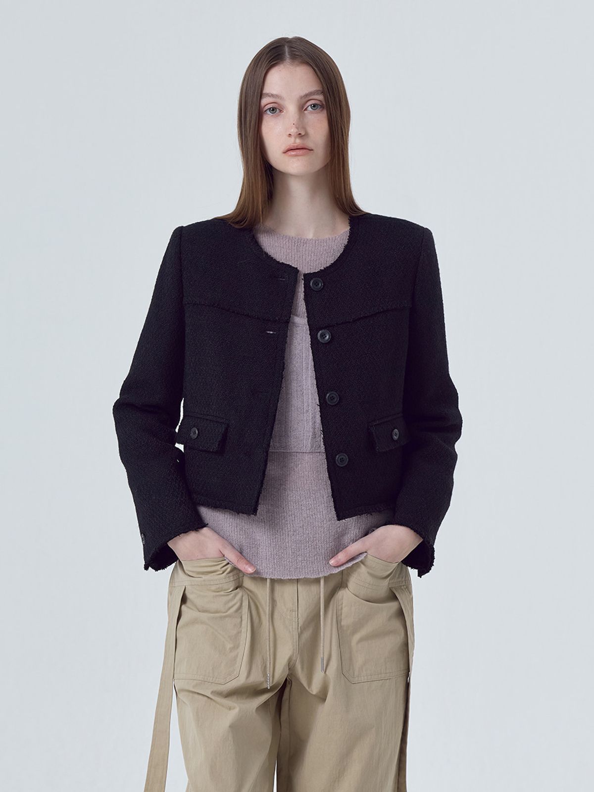 에트몽(ETMON) Cut-Off Button Tweed Jacket, Black
