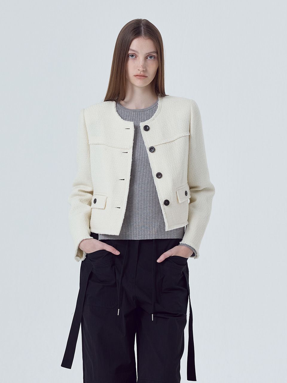 ジャケット ETMON CutOff Pocket Tweed Jacket, Ivory MUSINSA | ETMON Cut-Off Button Tweed Jacket Ivory