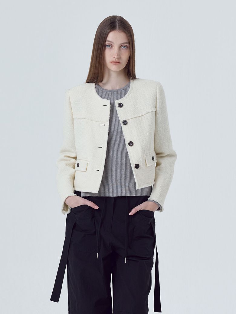 Cut-Off Button Tweed Jacket Ivory