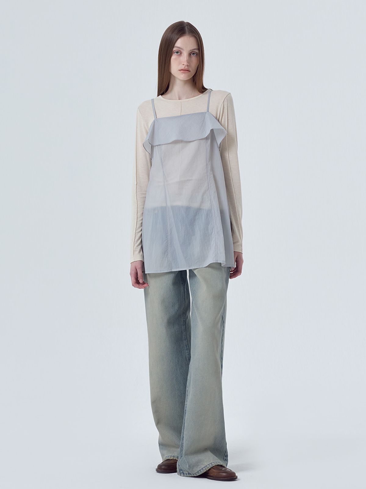 에트몽(ETMON) Sheer Frill Slip Mini Dress, Light Grey