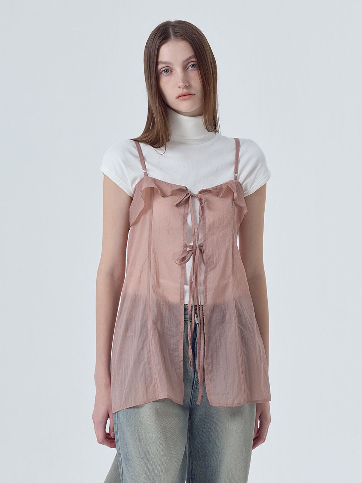 에트몽(ETMON) Sheer Frill Slip Mini Dress, Light Pink