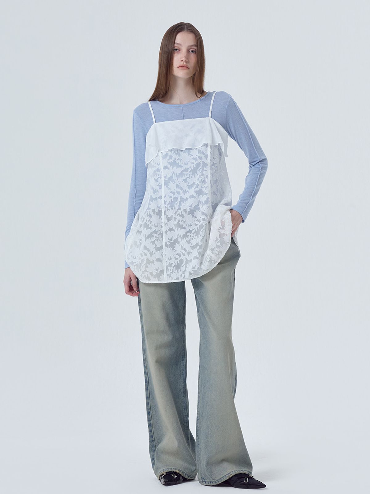 에트몽(ETMON) Sheer Frill Slip Mini Dress, White(Lace)