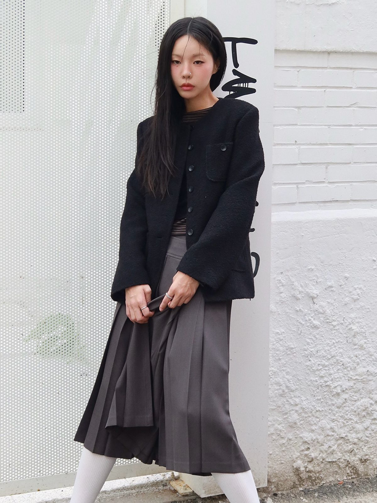 에트몽(ETMON) Pocket Boucle Tweed Jacket, Black
