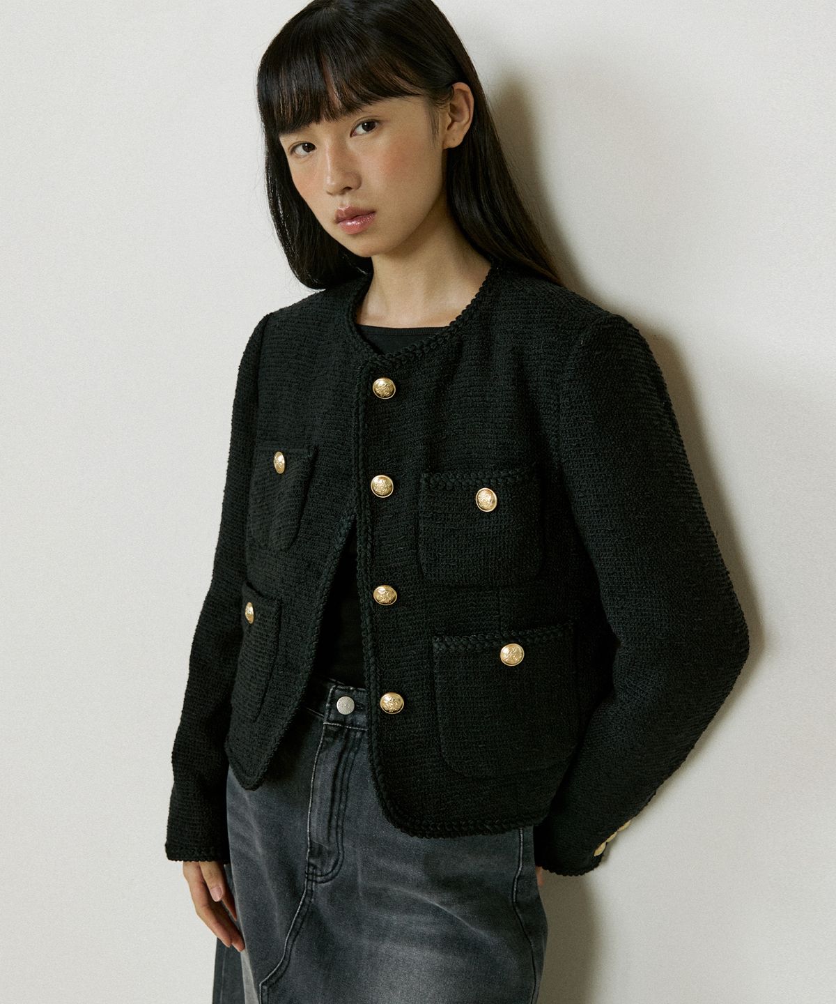 루시르주(LUCIR ZU) Roundneck Single Tweed Jacket (black)