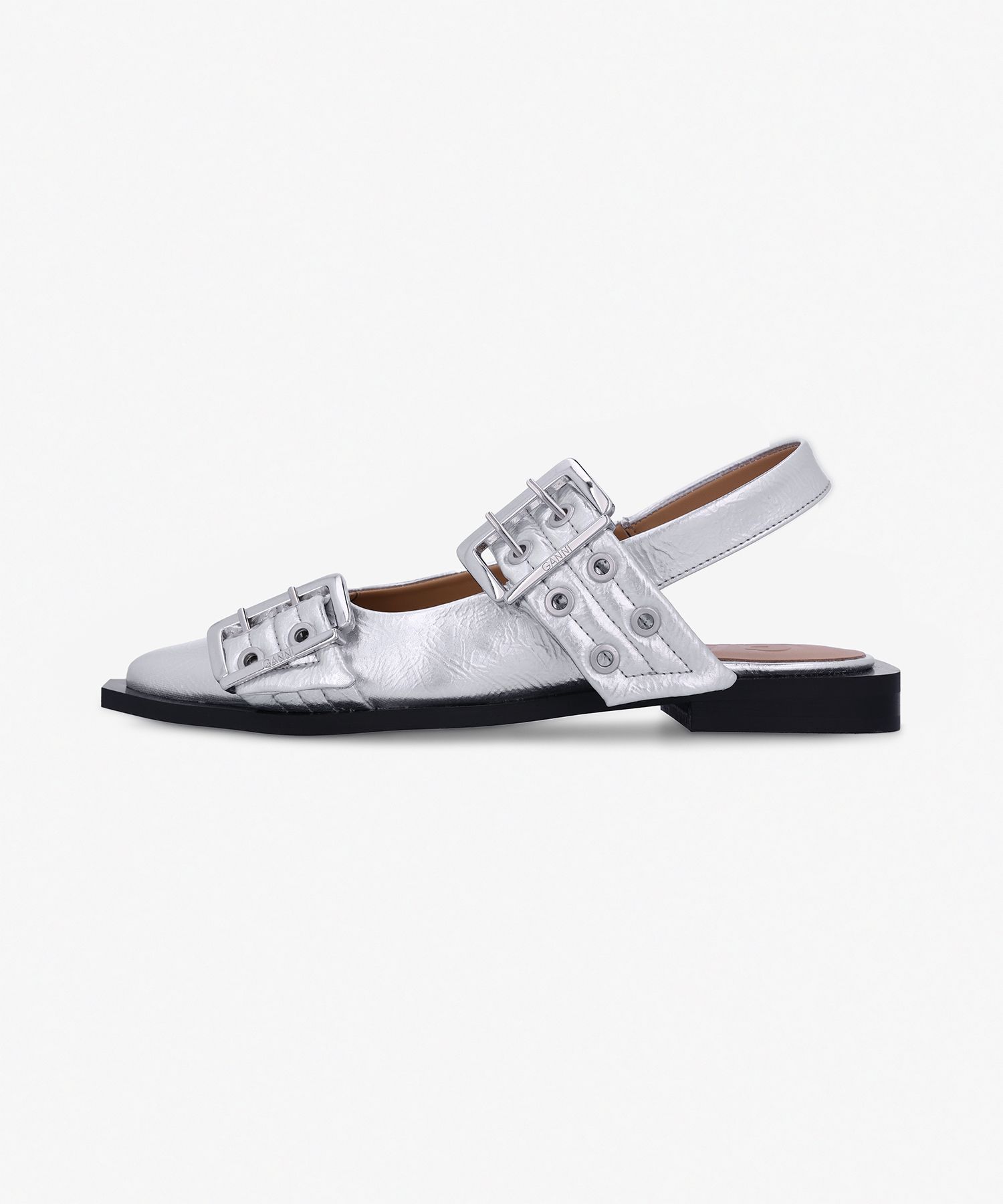 フラットシューズ GANNI Feminine Buckle Ballerina Flat Shoes Silver S2725018 Silver Metallic Feminine Buckle Ballerinas | GANNI US